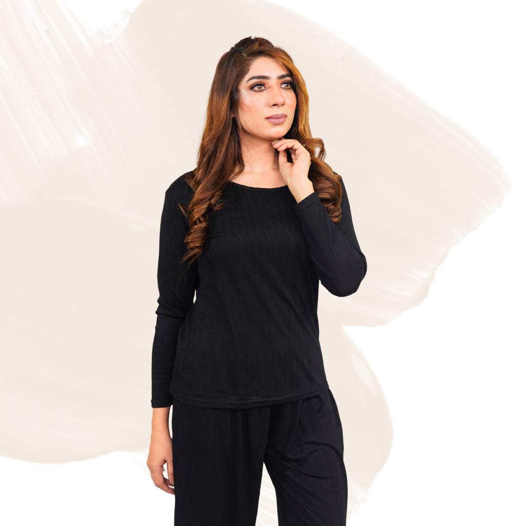 Women's Cotton Blend Lounge Set – Stretchable Pants & Shirt, Knitted Texture