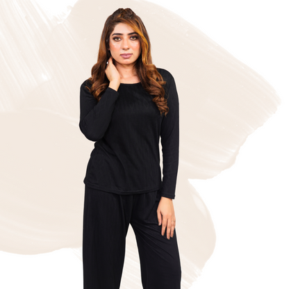 Women's Cotton Blend Lounge Set – Stretchable Pants & Shirt, Knitted Texture