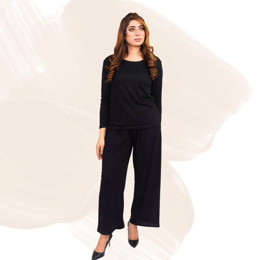 Women's Cotton Blend Lounge Set – Stretchable Pants & Shirt, Knitted Texture