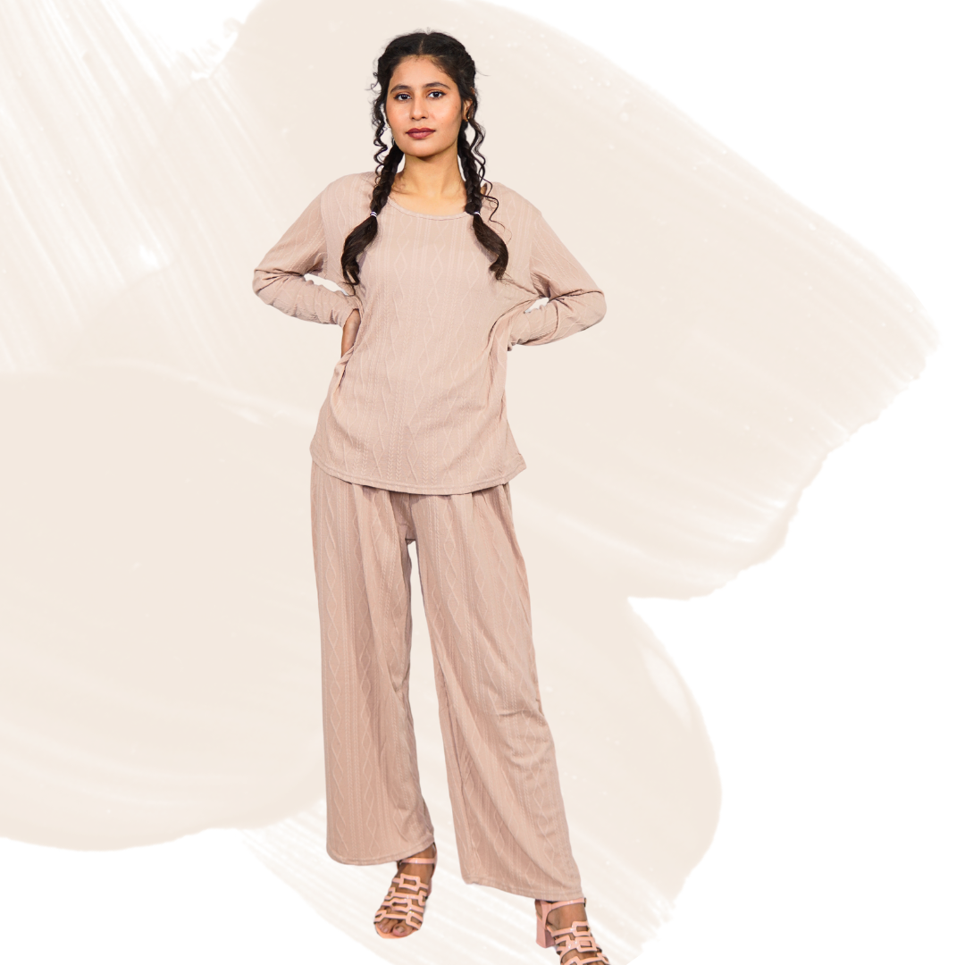 Women's Cotton Blend Lounge Set – Stretchable Pants & Shirt, Knitted Texture