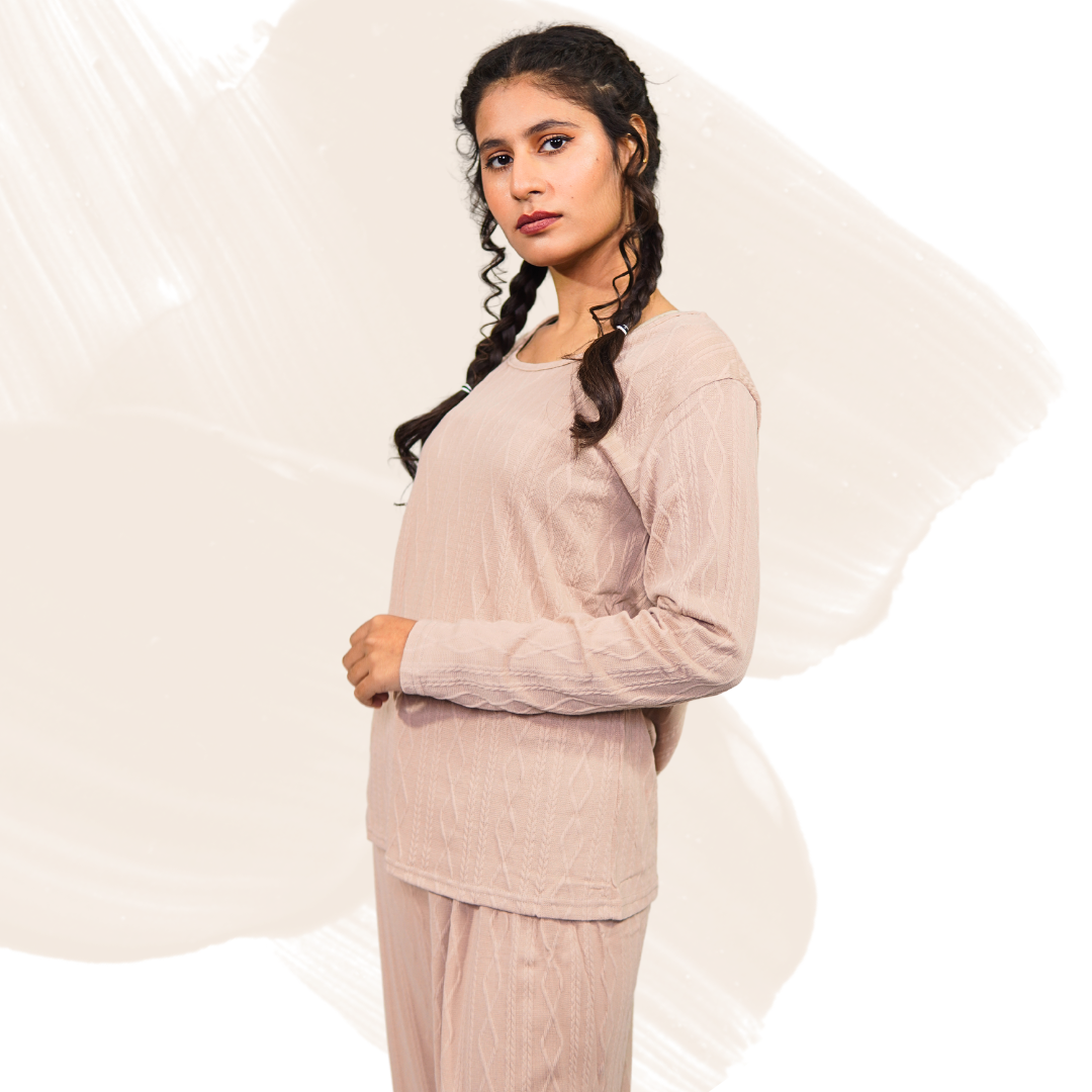 Women's Cotton Blend Lounge Set – Stretchable Pants & Shirt, Knitted Texture