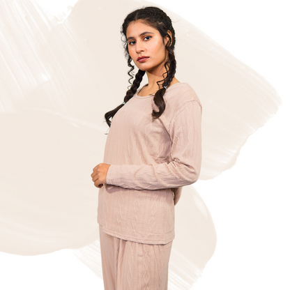 Women's Cotton Blend Lounge Set – Stretchable Pants & Shirt, Knitted Texture