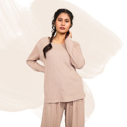 Women's Cotton Blend Lounge Set – Stretchable Pants & Shirt, Knitted Texture