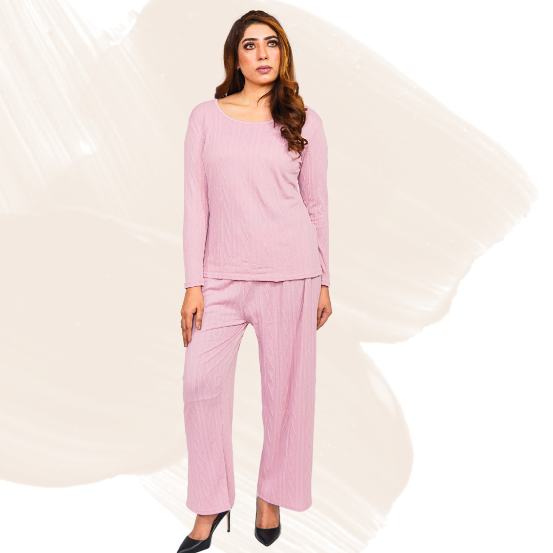 Women's Cotton Blend Lounge Set – Stretchable Pants & Shirt, Knitted Texture