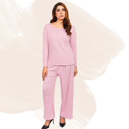 Women's Cotton Blend Lounge Set – Stretchable Pants & Shirt, Knitted Texture