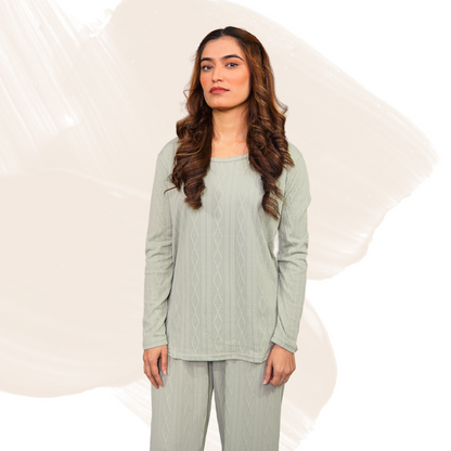 Women's Cotton Blend Lounge Set – Stretchable Pants & Shirt, Knitted Texture