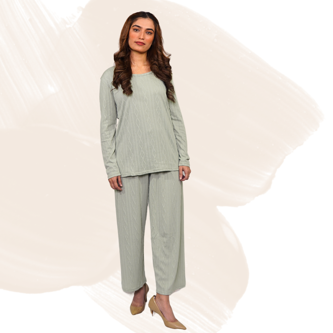 Women's Cotton Blend Lounge Set – Stretchable Pants & Shirt, Knitted Texture