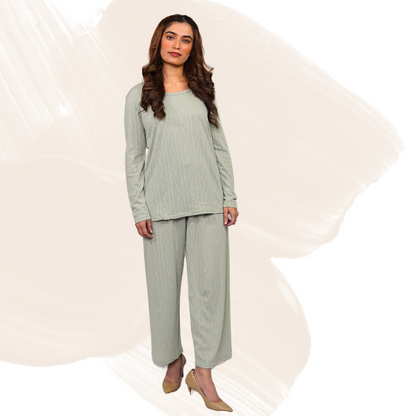 Women's Cotton Blend Lounge Set – Stretchable Pants & Shirt, Knitted Texture