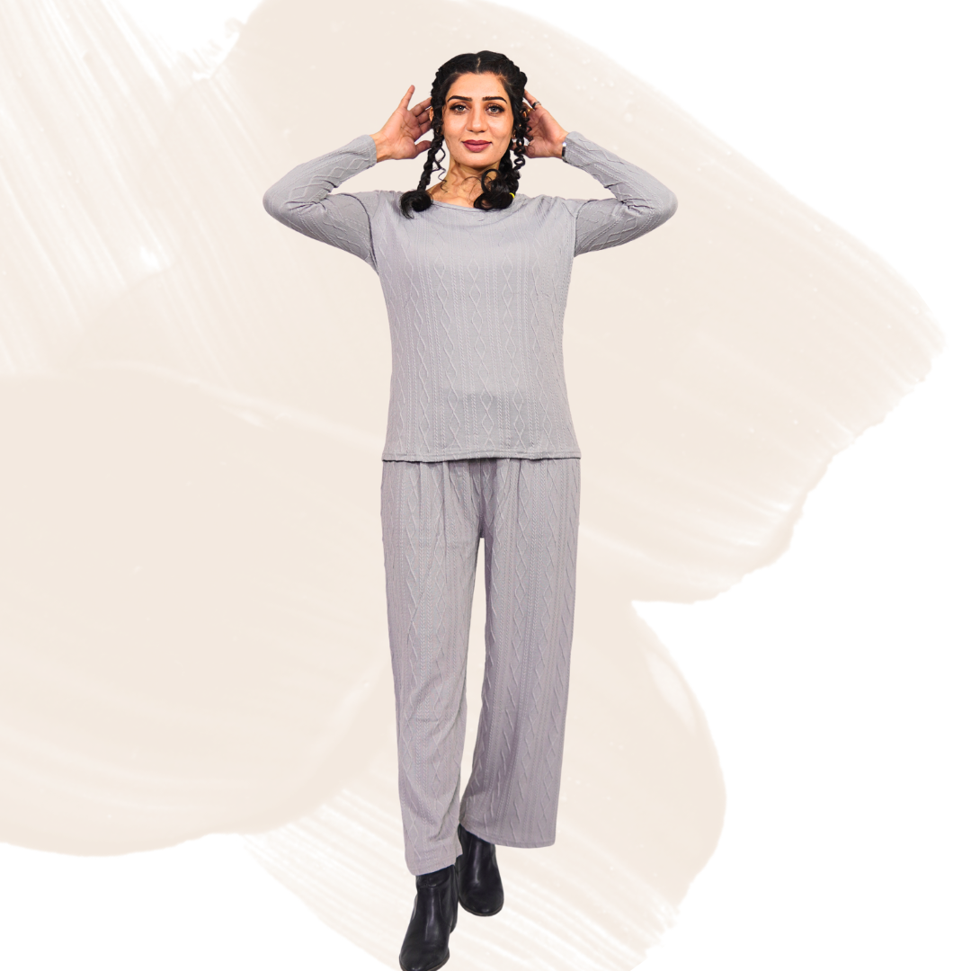 Women's Cotton Blend Lounge Set – Stretchable Pants & Shirt, Knitted Texture